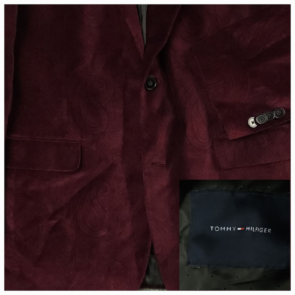 Tommy Hilfiger Sport Coat Mens 38S Crushed Velvet Embossed Paisley Burgundy